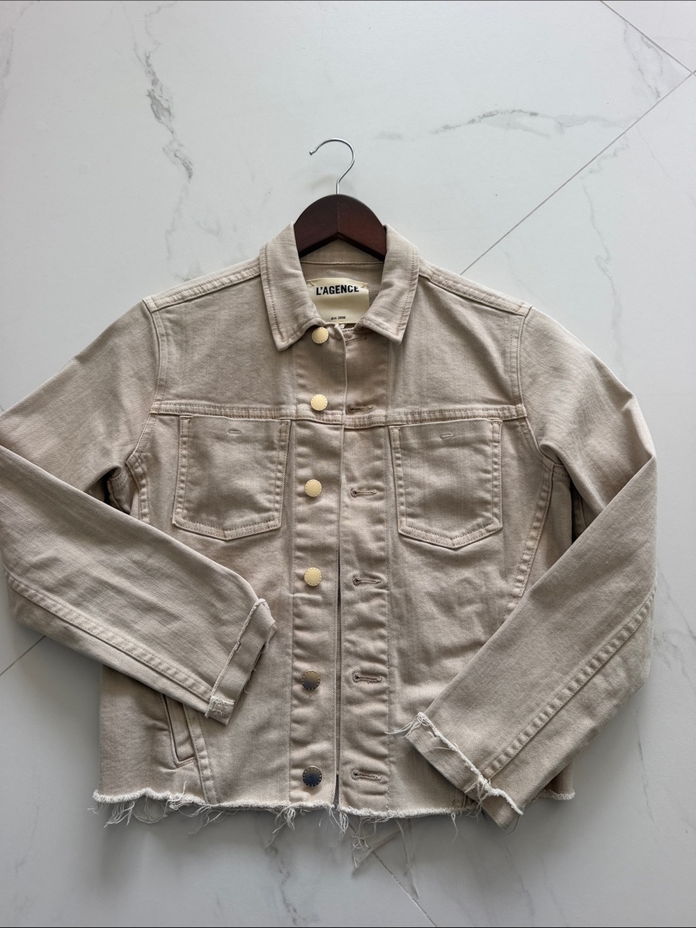L'AGENCE Light Beige Denim Jacket with Frayed Hem